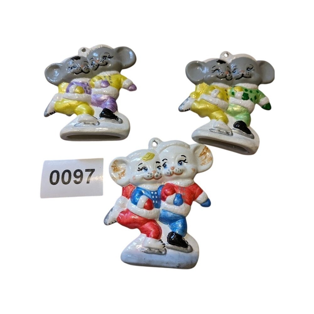 Ceramic Christmas Ornaments Sweet Mice‎ Couples Skating lot of three 097